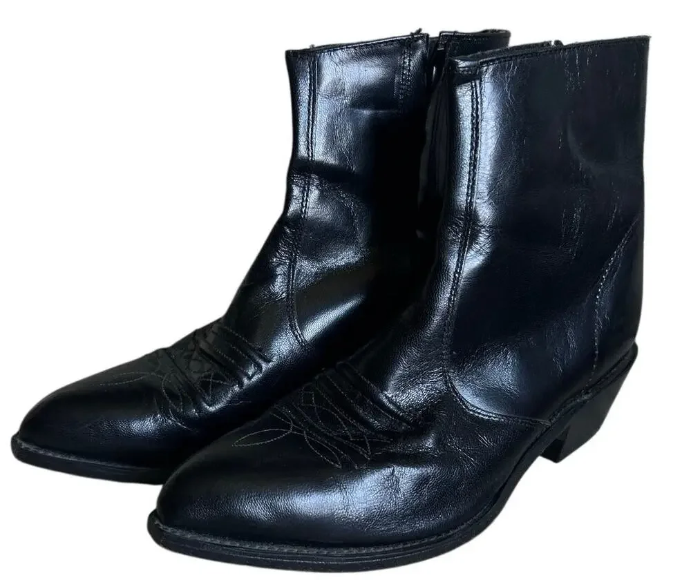 Vintage Tramp Line Black Leather Cowboy Boots Men's 8.5 EE Wide